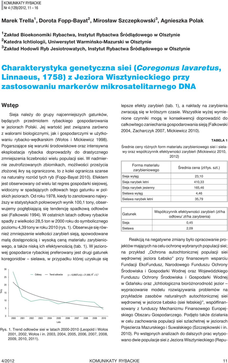 Linnaeus, 1758) z Jeziora Wisztynieckiego przy zastosowaniu markerów mikrosatelitarnego DNA Wstêp Sieja nale y do grupy najcenniejszych gatunków, bêd¹cych przedmiotem rybackiego gospodarowania w