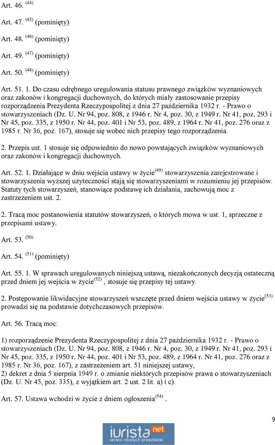 27 października 1932 r. - Prawo o stowarzyszeniach (Dz. U. Nr 94, poz. 808, z 1946 r. Nr 4, poz. 30, z 1949 r. Nr 41, poz. 293 i Nr 45, poz. 335, z 1950 r. Nr 44, poz. 401 i Nr 53, poz. 489, z 1964 r.