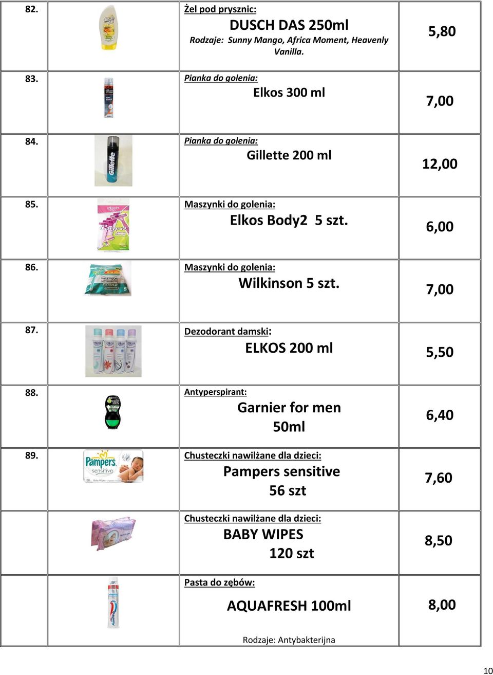 Maszynki do golenia: Wilkinson 5 szt. 7,00 87. Dezodorant damski: ELKOS 200 ml 5,50 88. Antyperspirant: Garnier for men 50ml 89.