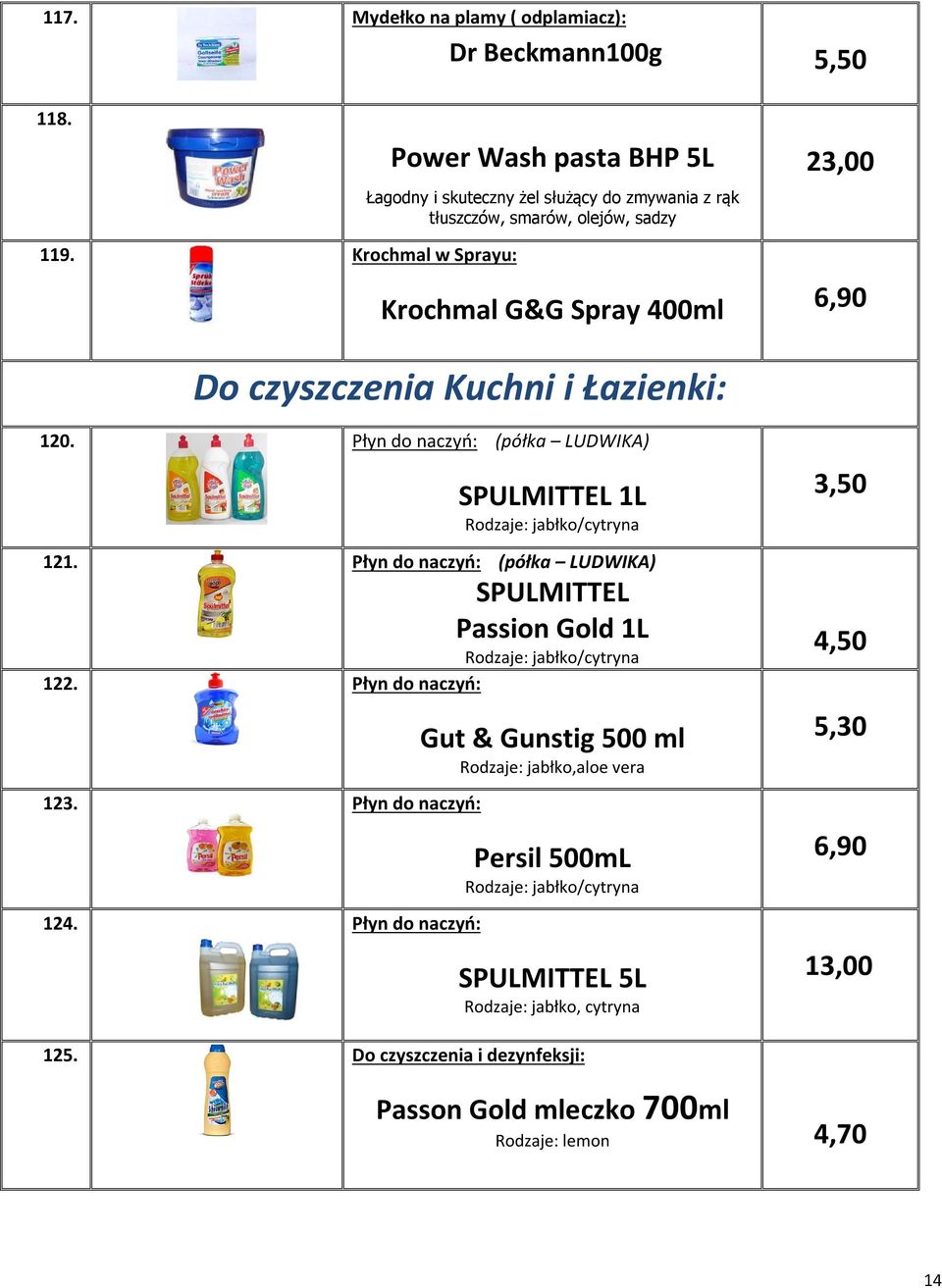 Płyn do naczyń: (półka LUDWIKA) SPULMITTEL Passion Gold 1L Rodzaje: jabłko/cytryna 122. Płyn do naczyń: 123. Płyn do naczyń: 124.