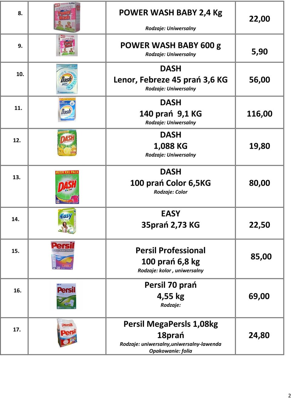 prań Color 6,5KG Rodzaje: Color 56,00 116,00 19,80 80,00 14. EASY 35prań 2,73 KG 22,50 15.