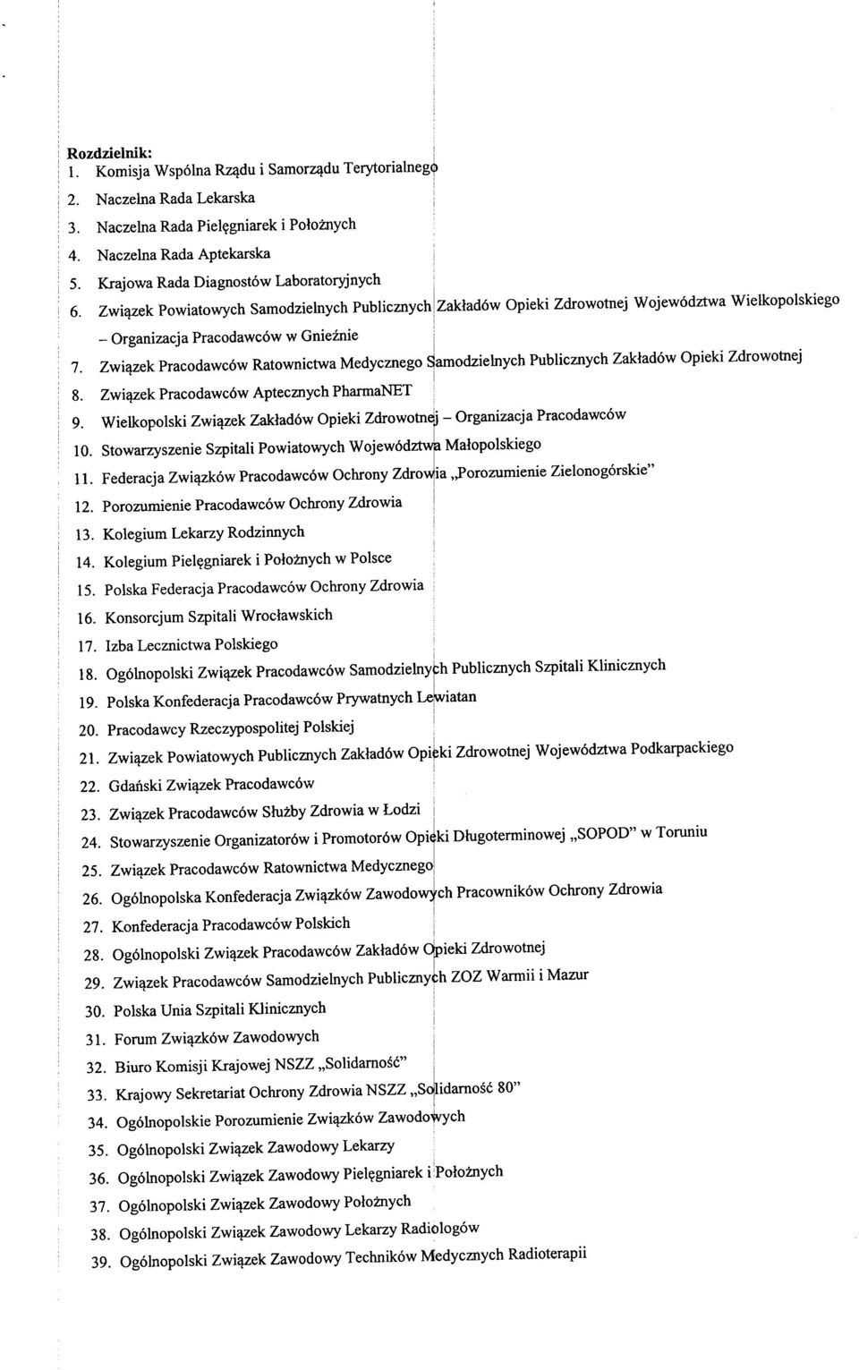Zwi^zek Pracodawcow Ratownictwa Medycznego Samodzielnych Publicznych Zakiadow Opieki Zdrowotnej 8. Zwi^ek Pracodawc6w Aptecznych PharmaNET 9.