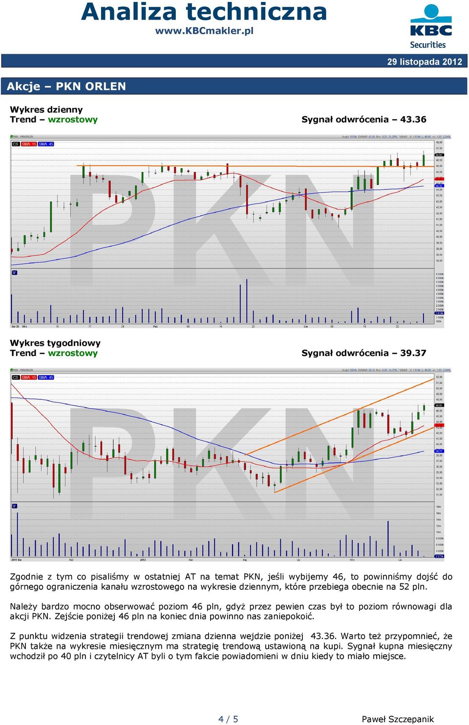 pln. Należy bardzo mocno obserwować poziom 46 pln, gdyż przez pewien czas był to poziom równowagi dla akcji PKN. Zejście poniżej 46 pln na koniec dnia powinno nas zaniepokoić.