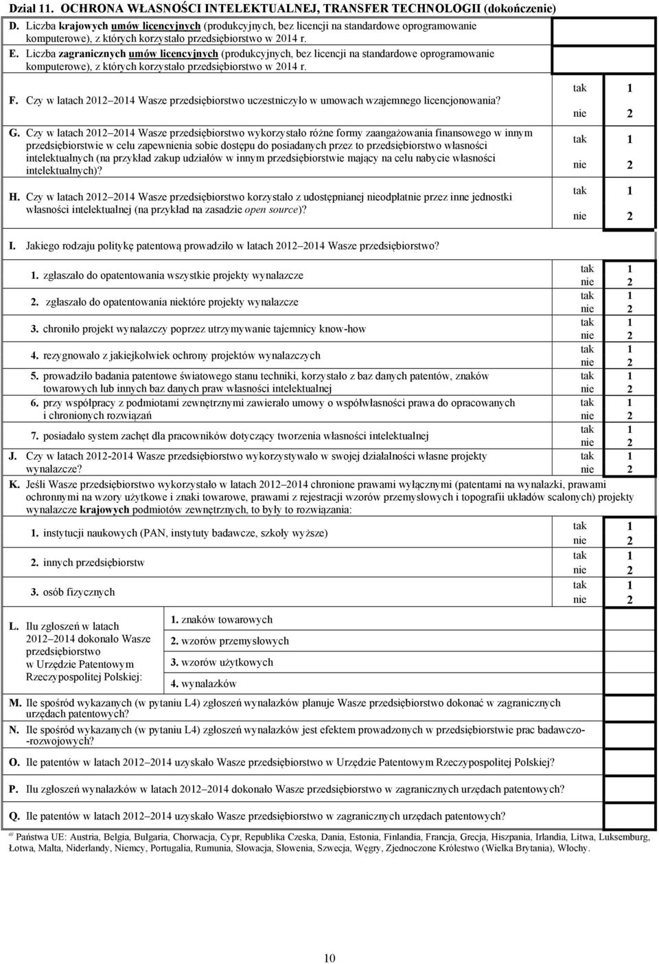 Liczba zagranicznych umów licencyjnych (produkcyjnych, bez licencji na standardowe oprogramowanie komputerowe), z których korzystało przedsiębiorstwo w 2014 r. F.