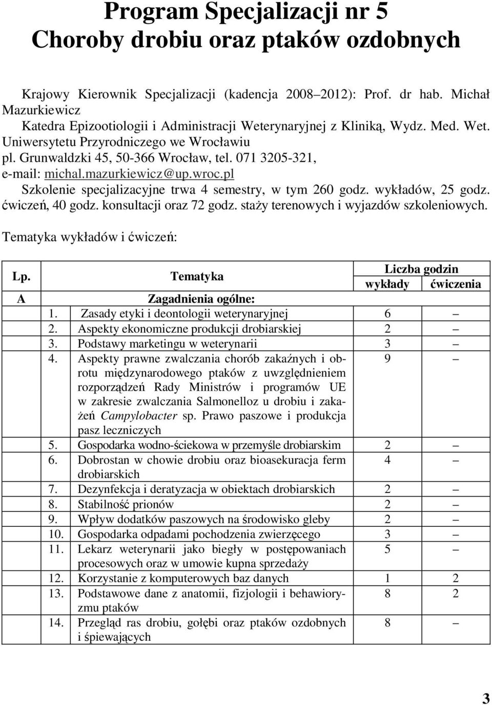 071 3205-321, e-mail: michal.mazurkiewicz@up.wroc.pl Szkolenie specjalizacyjne trwa 4 semestry, w tym 260 godz. wykładów, 25 godz. ćwiczeń, 40 godz. konsultacji oraz 72 godz.