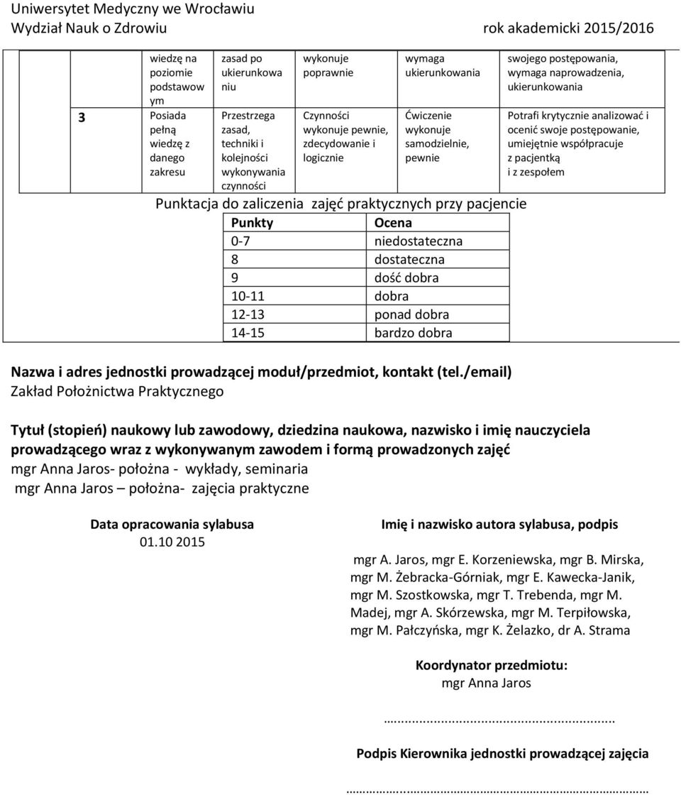 14-15 bardzo dobra Nazwa i adres jednostki prowadzącej moduł/przedmiot, kontakt (tel.