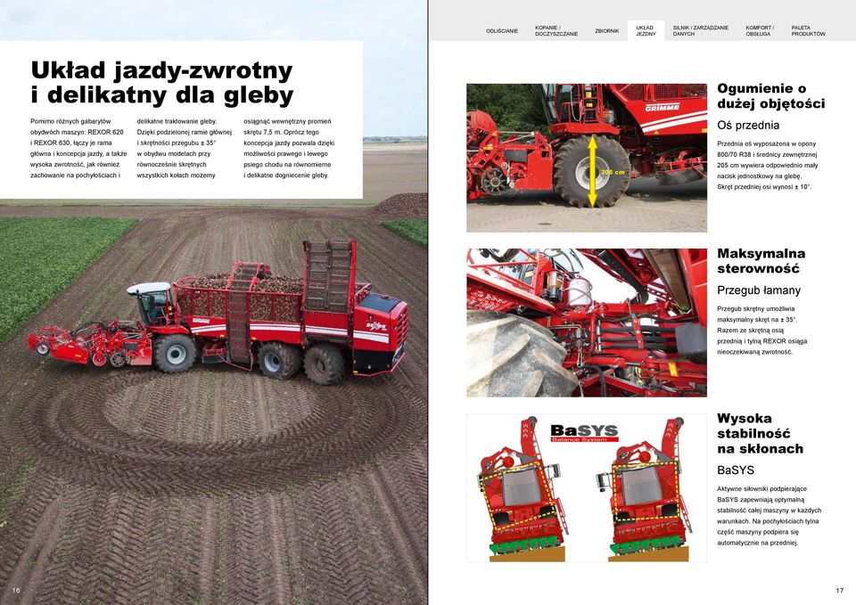 Dzięki podzielonej ramie głównej i skrętności przegubu ± 35 w obydwu modelach przy równocześnie skrętnych wszystkich kołach możemy osiągnąć wewnętrzny promień skrętu 7,5 m.