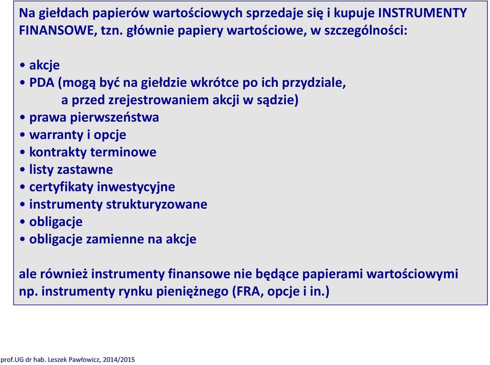 akcji w sądzie) prawa pierwszeństwa warranty i opcje kontrakty terminowe listy zastawne certyfikaty inwestycyjne instrumenty