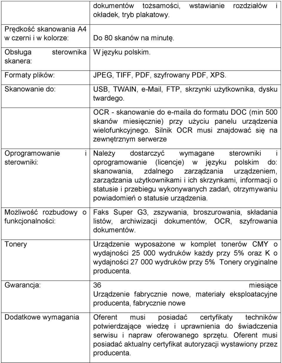 Oprogramowanie sterowniki: i OCR - skanowanie do e-maila do formatu DOC (min 500 skanów miesięcznie) przy użyciu panelu urządzenia wielofunkcyjnego.