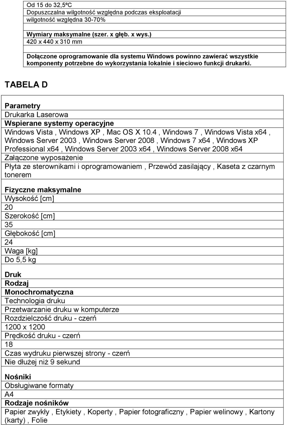 TABELA D Parametry Drukarka Laserowa Wspierane systemy operacyjne Windows Vista, Windows XP, Mac OS X 10.