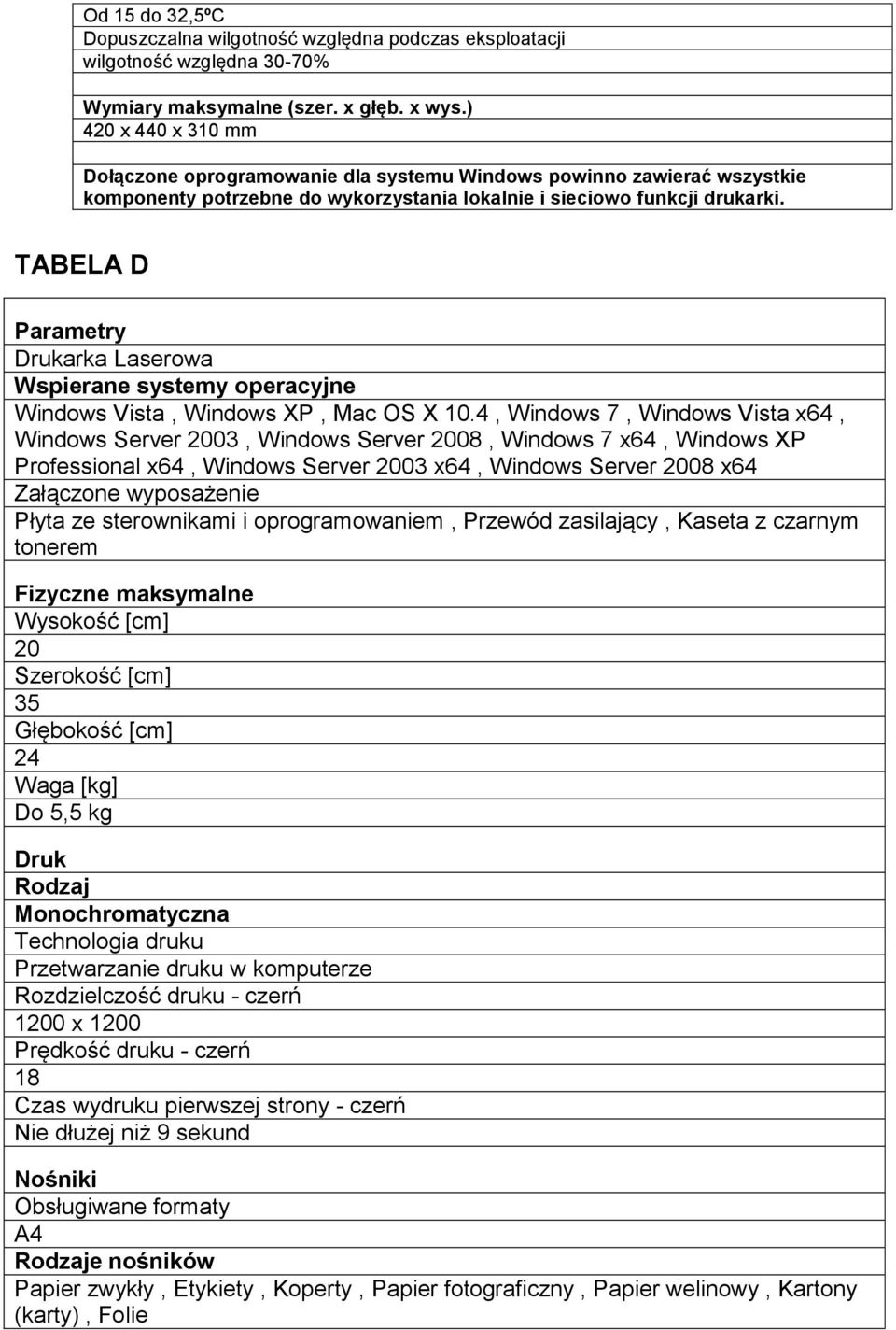 TABELA D Parametry Drukarka Laserowa Wspierane systemy operacyjne Windows Vista, Windows XP, Mac OS X 10.