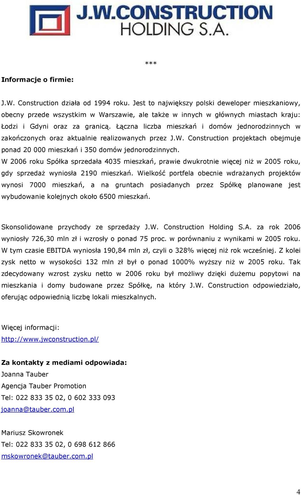 Łączna liczba mieszkań i domów jednorodzinnych w zakończonych oraz aktualnie realizowanych przez J.W. Construction projektach obejmuje ponad 20 000 mieszkań i 350 domów jednorodzinnych.