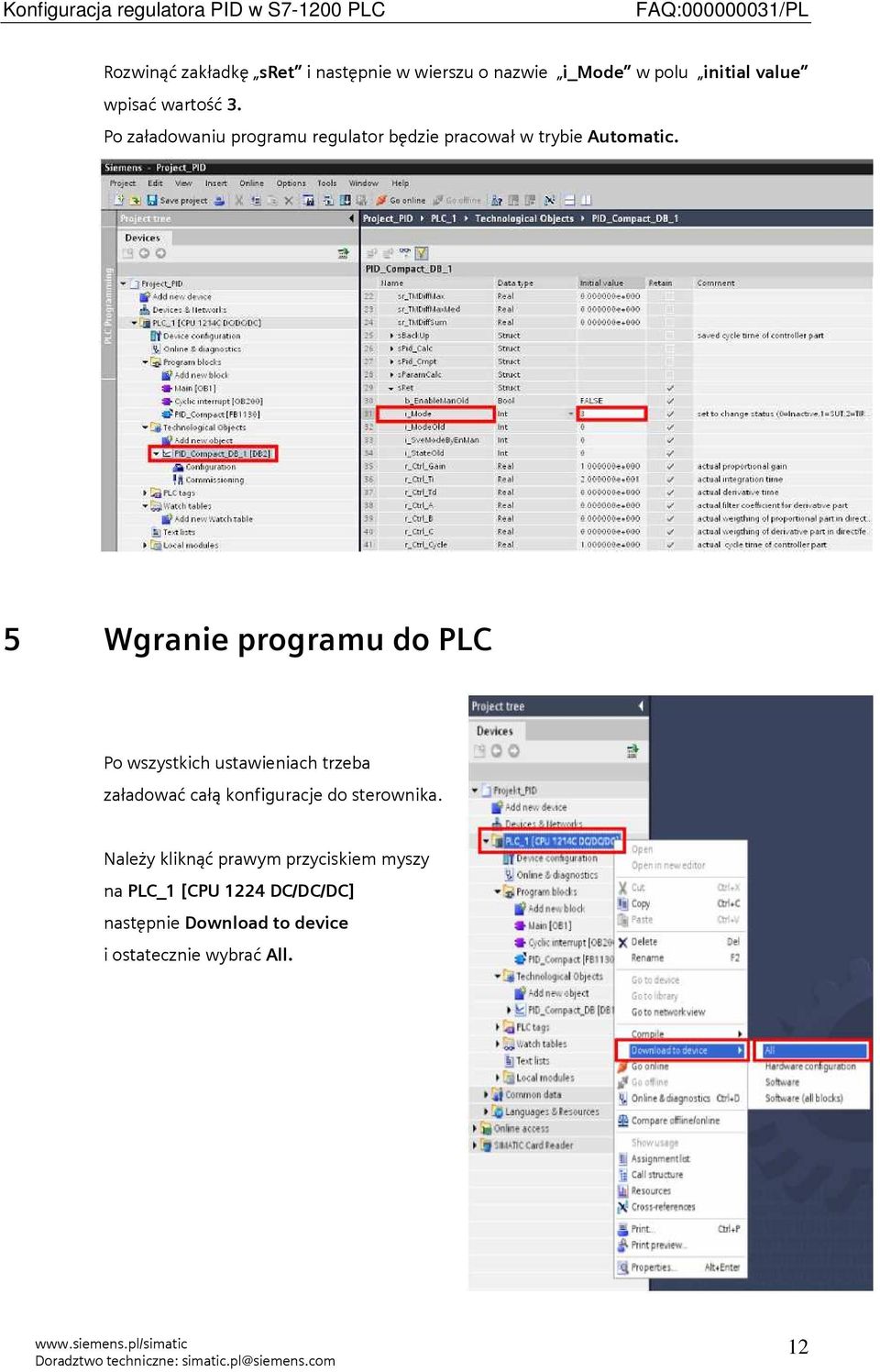 5 Wgranie programu do PLC Po wszystkich ustawieniach trzeba załadować całą konfiguracje do