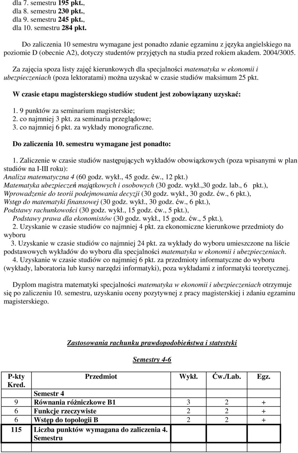 Za zaj cia spoza listy zaj kierunkowych dla specjalno ci matematyka w ekonomii i ubezpieczeniach (poza lektoratami) mo na uzyska w czasie studiów maksimum 25 pkt.