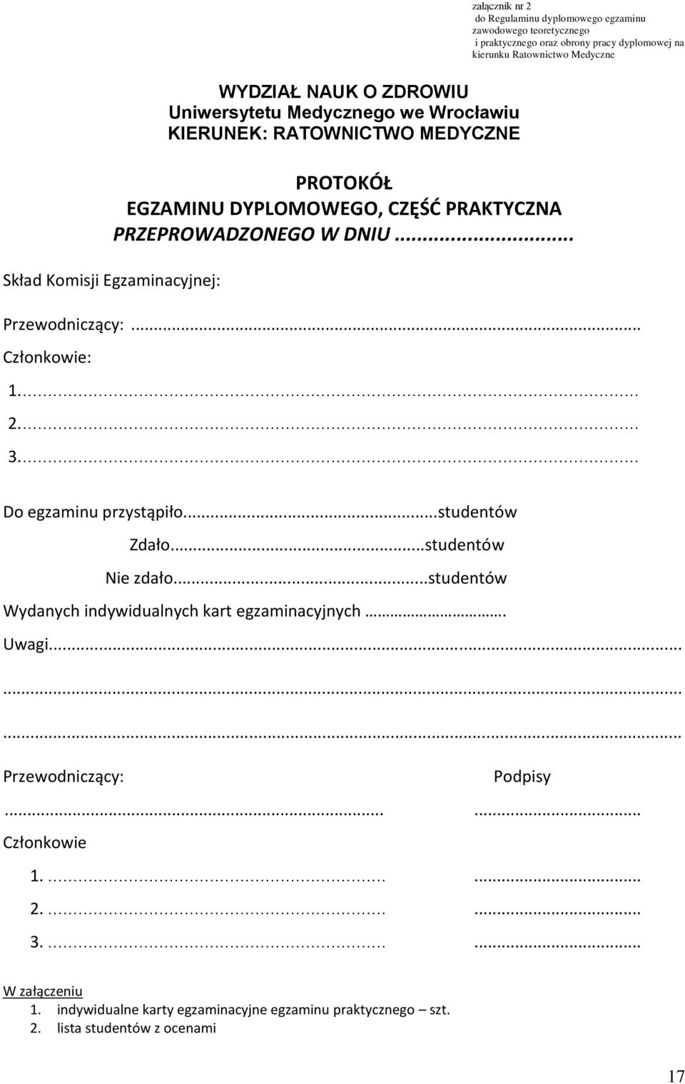 .. Skład Komisji Egzaminacyjnej: Przewodniczący:... Członkowie: 1.... 2.... 3.... Do egzaminu przystąpiło...studentów Zdało...studentów Nie zdało.