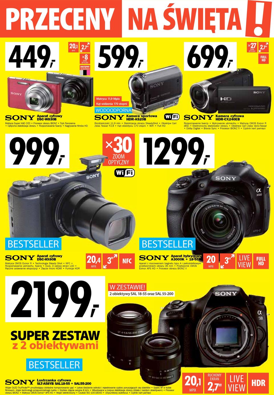 SteadyShot Obiektyw Carl Zeiss Tessar F2,8 Kąt obiektywu 170 stopni WiFi Full HD 30 ZOOM OPTYCZNY 1299, Kamera cyfrowa HDR-CX240EB Rozpoznawanie twarzy Wykrywanie uśmiechu Matryca CMOS Exmor R (BSI)