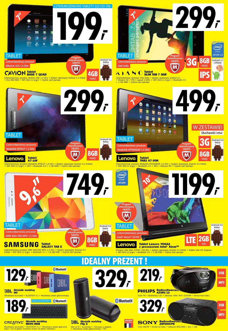 4 KitKat TABLET Czterordzeniowy procesor IntelSofia Tablet SLIM TAB 7 3GR Czterordzeniowy procesor Intel Sofi a System operacyjny Android 5.1 Modem 3G IPS Aparat 2 MPix WiFi 802.11 b/g/n Bluetooth 4.