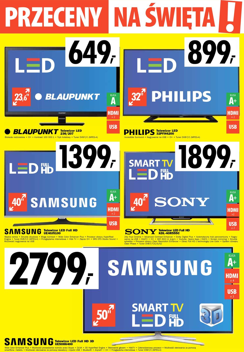 (MPEG-4) Przeglądarka internetowa Hbb TV Złącze CI+ SRS DTS Studio Sound Możliwość nagrywania na 2799, A + 2 2 Telewizor LED Full HD KDL-40R555C 24p True Cinema Advanced Contrast Enhancer Dolby