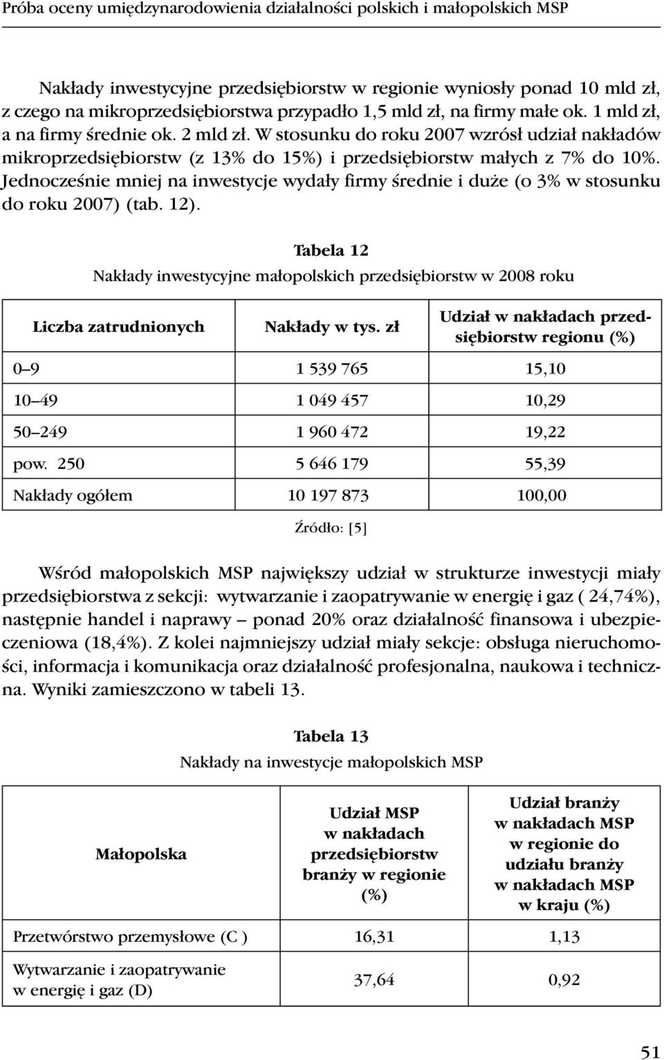 Jednocześnie mniej na inwestycje wydały firmy średnie i duże (o 3% w stosunku do roku 2007) (tab. 12).