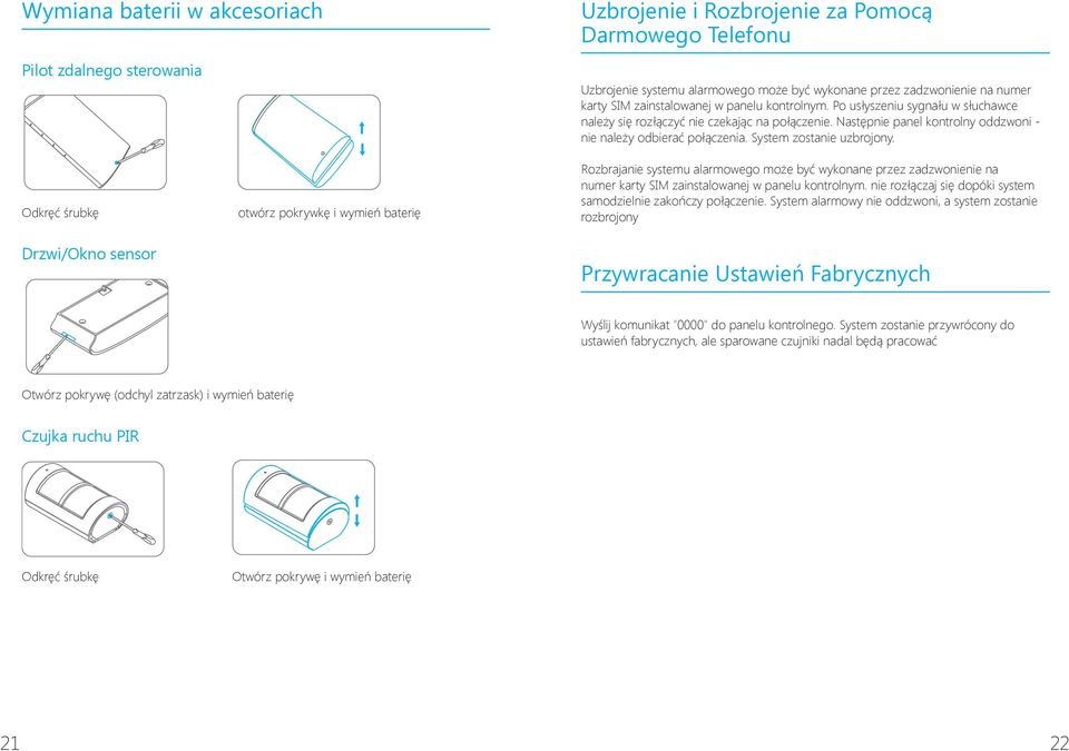 System zostanie uzbrojony. Odkręć śrubkę otwórz pokrywkę i wymień baterię Rozbrajanie systemu alarmowego może być wykonane przez zadzwonienie na numer karty SIM zainstalowanej w panelu kontrolnym.