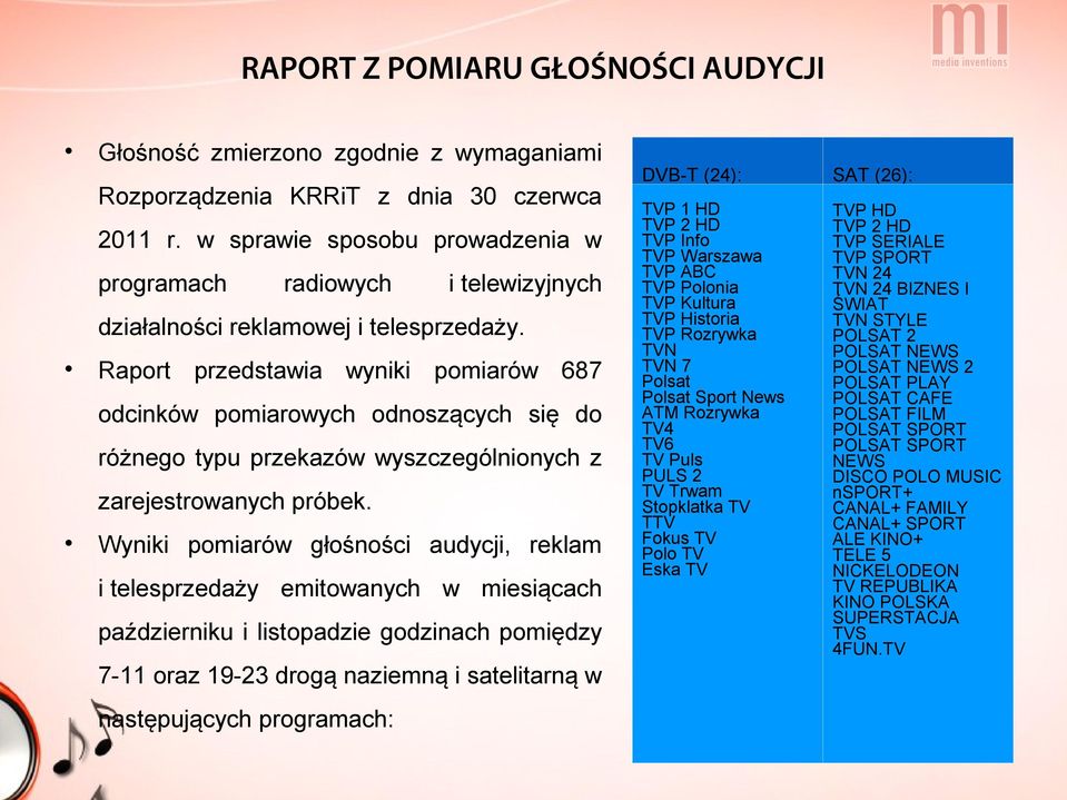 Raport przedstawia wyniki pomiarów 687 odcinków pomiarowych odnoszących się do różnego typu przekazów wyszczególnionych z zarejestrowanych próbek.