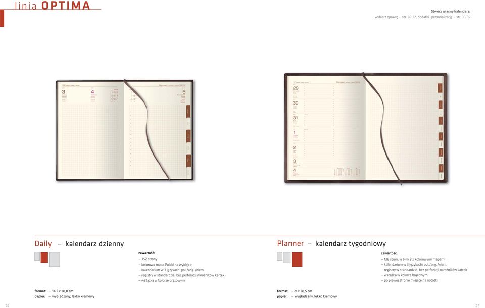 registry w standardzie, bez perforacji narożników kartek wstążka w kolorze brązowym 136 stron, w tym 8 z kolorowymi mapami kalendarium w 3 językach: pol.