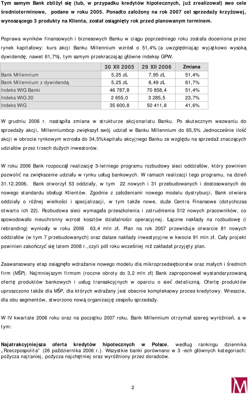 Poprawa wyników finansowych i biznesowych Banku w ciągu poprzedniego roku została doceniona przez rynek kapitałowy: kurs akcji Banku Millennium wzrósł o 51,4% (a uwzględniając wyjątkowo wysoką