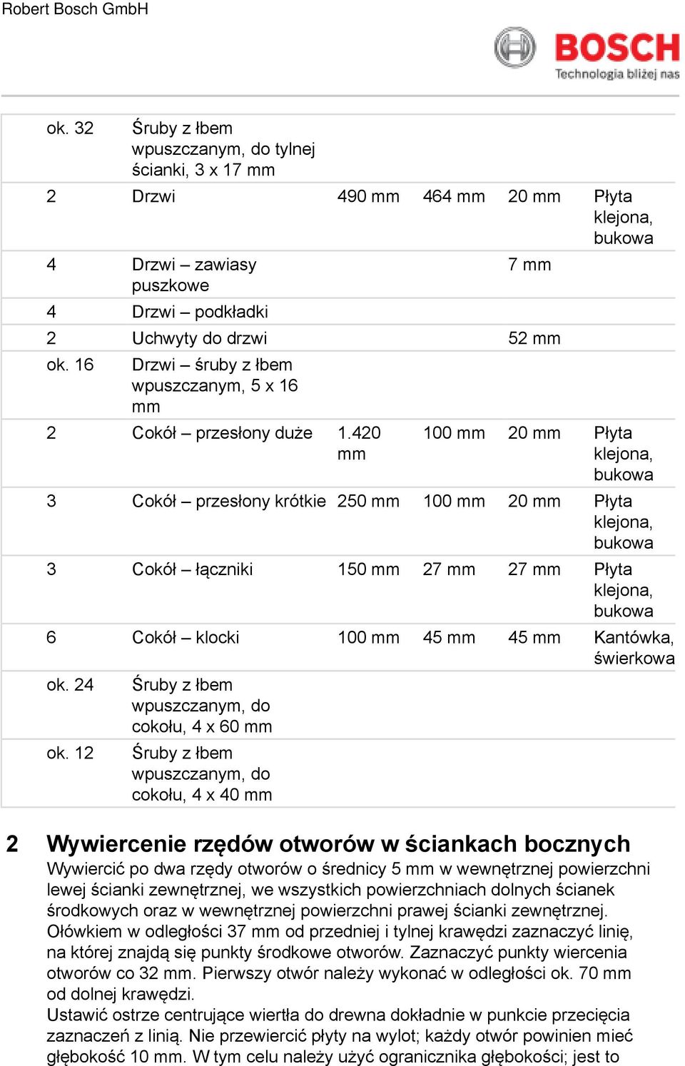 12 cokołu, 4 x 60 cokołu, 4 x 40 2 Wywiercenie rzędów otworów w ściankach bocznych Wywiercić po dwa rzędy otworów o średnicy 5 w wewnętrznej powierzchni lewej ścianki zewnętrznej, we wszystkich