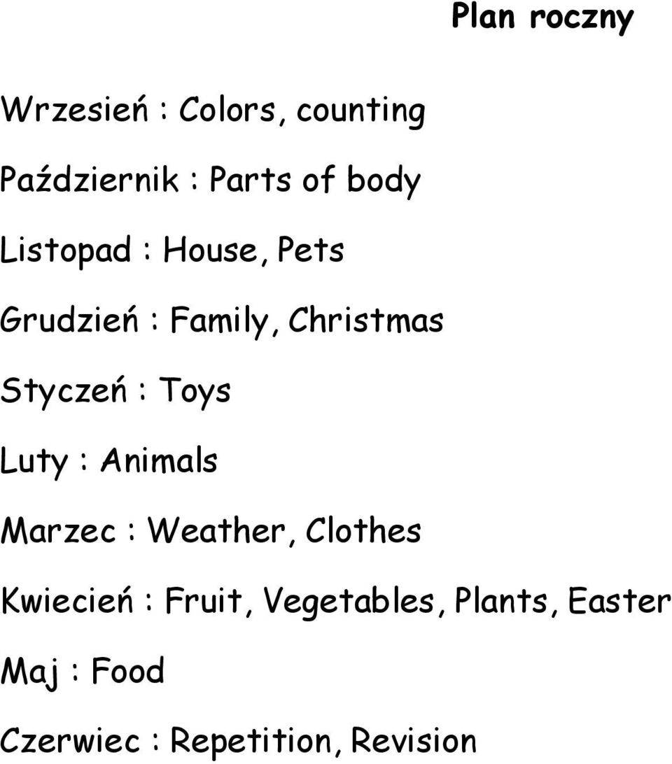 : Toys Luty : Animals Marzec : Weather, Clothes Kwiecień : Fruit,