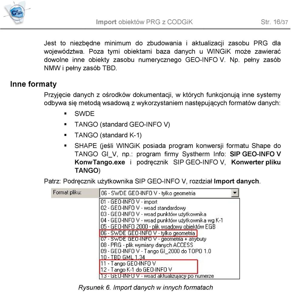 Przyjęcie danych z śrdków dkumentacji, w których funkcjnują inne systemy dbywa się metdą wsadwą z wykrzystaniem następujących frmatów danych: SWDE TANGO (standard GEO-INFO V) TANGO