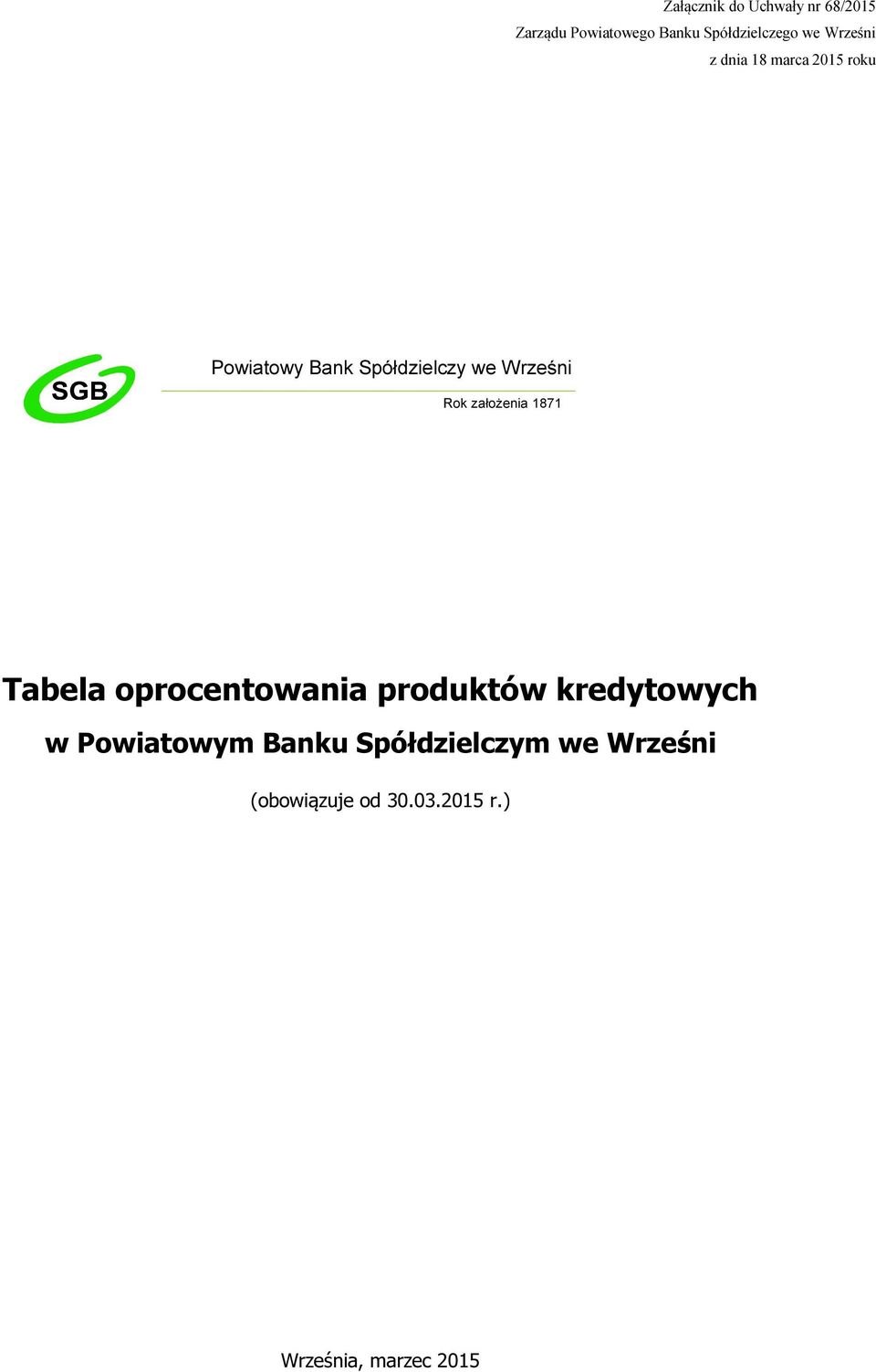założenia 1871 Tabela oprocentowania produktów kredytowych w Powiatowym