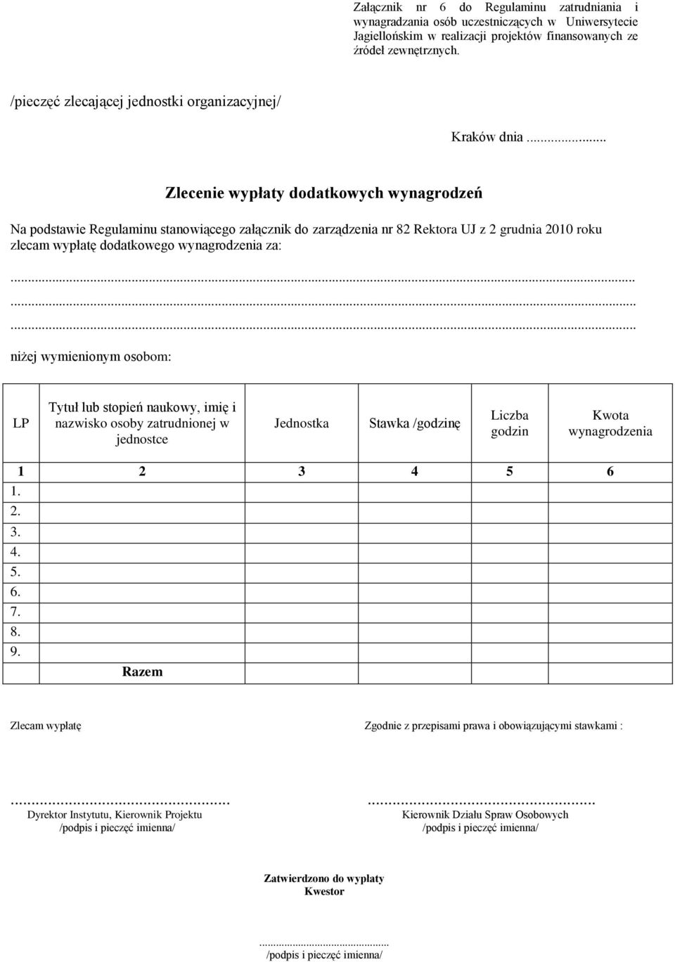 .. Zlecenie wypłaty dodatkowych wynagrodzeń Na podstawie Regulaminu stanowiącego załącznik do zarządzenia nr 82 Rektora UJ z 2 grudnia 2010 roku zlecam wypłatę dodatkowego wynagrodzenia za:.