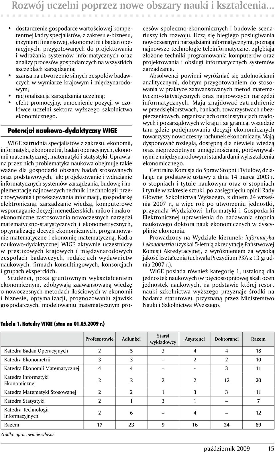 systemów informatycznych oraz analizy procesów gospodarczych na wszystkich szczeblach zarządzania; szansa na utworzenie silnych zespołów badawczych w wymiarze krajowym i międzynarodowym;