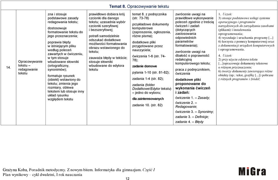 zawartych w ćwiczeniu, w tym stosuje wbudowane słowniki (ortograficzny, synonimów); formatuje rysunek (obiekt) wstawiony do tekstu; zmienia jego rozmiary, oblewa tekstem lub stosuje inny układ