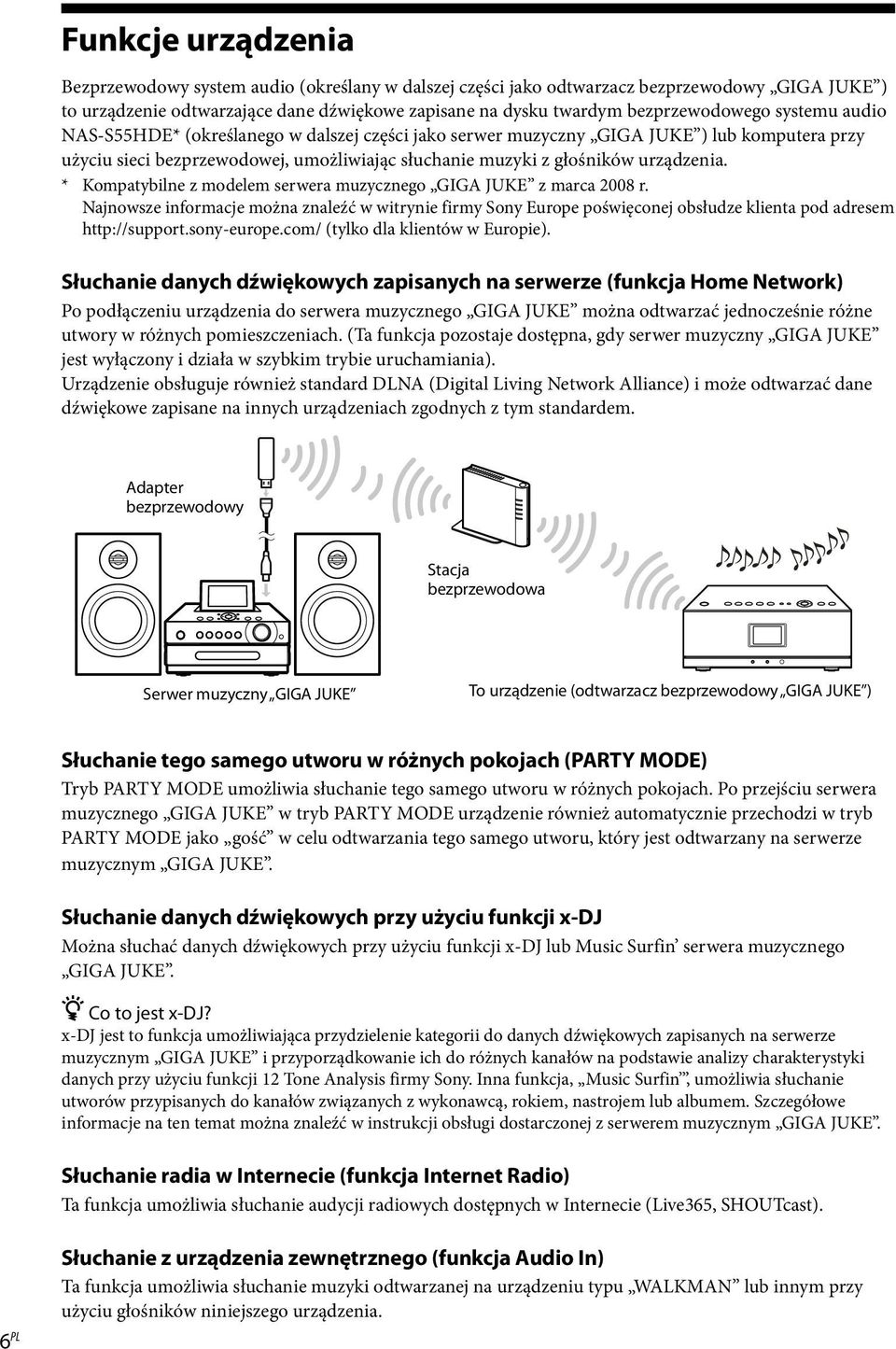 * Kompatybilne z modelem serwera muzycznego GIGA JUKE z marca 2008 r. Najnowsze informacje można znaleźć w witrynie firmy Sony Europe poświęconej obsłudze klienta pod adresem http://support.