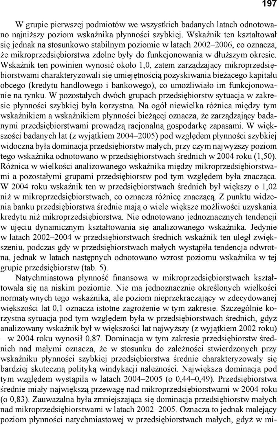 Wskaźnik ten powinien wynosić około 1,0, zatem zarządzający mikroprzedsiębiorstwami charakteryzowali się umiejętnością pozyskiwania bieżącego kapitału obcego (kredytu handlowego i bankowego), co