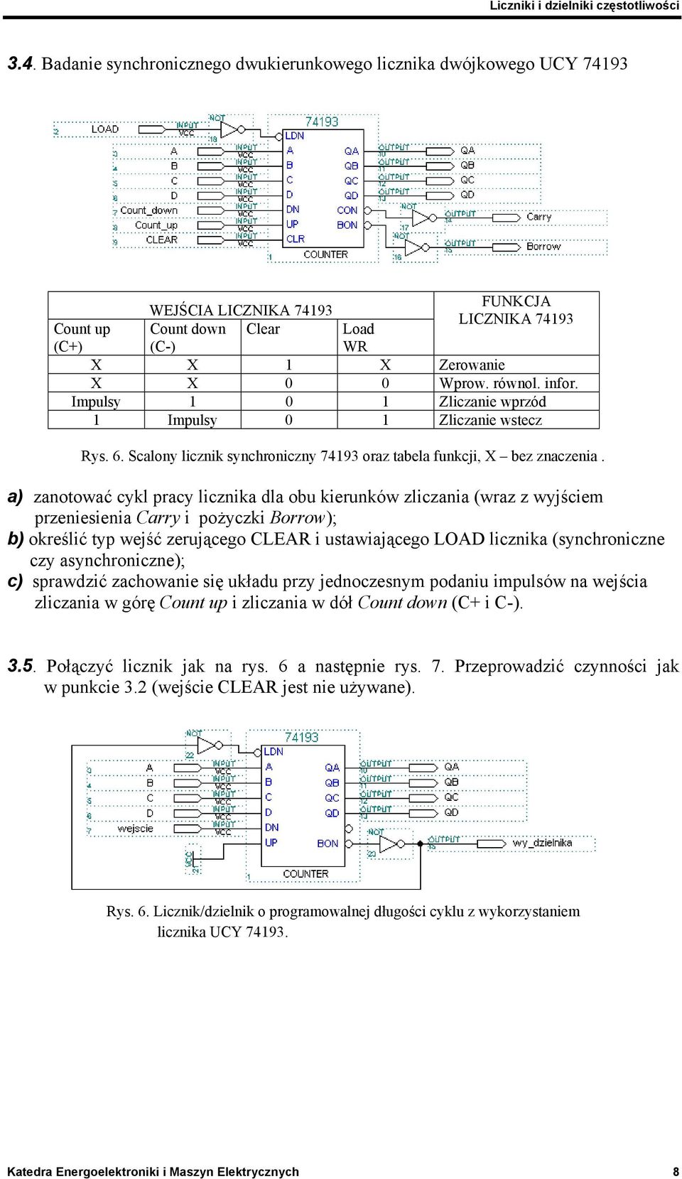 a) zanotować cykl pracy licznika dla obu kierunków zliczania (wraz z wyjściem przeniesienia Carry i pożyczki Borrow); b) określić typ wejść zerującego CLEAR i ustawiającego LOAD licznika