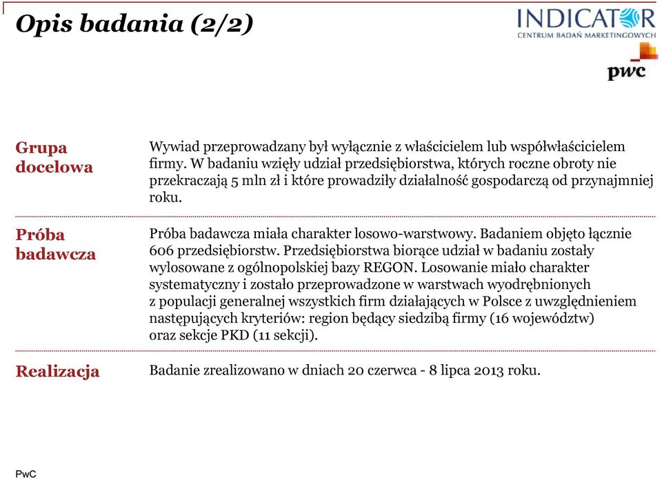 Próba badawcza miała charakter losowo-warstwowy. Badaniem objęto łącznie 606 przedsiębiorstw. Przedsiębiorstwa biorące udział w badaniu zostały wylosowane z ogólnopolskiej bazy REGON.