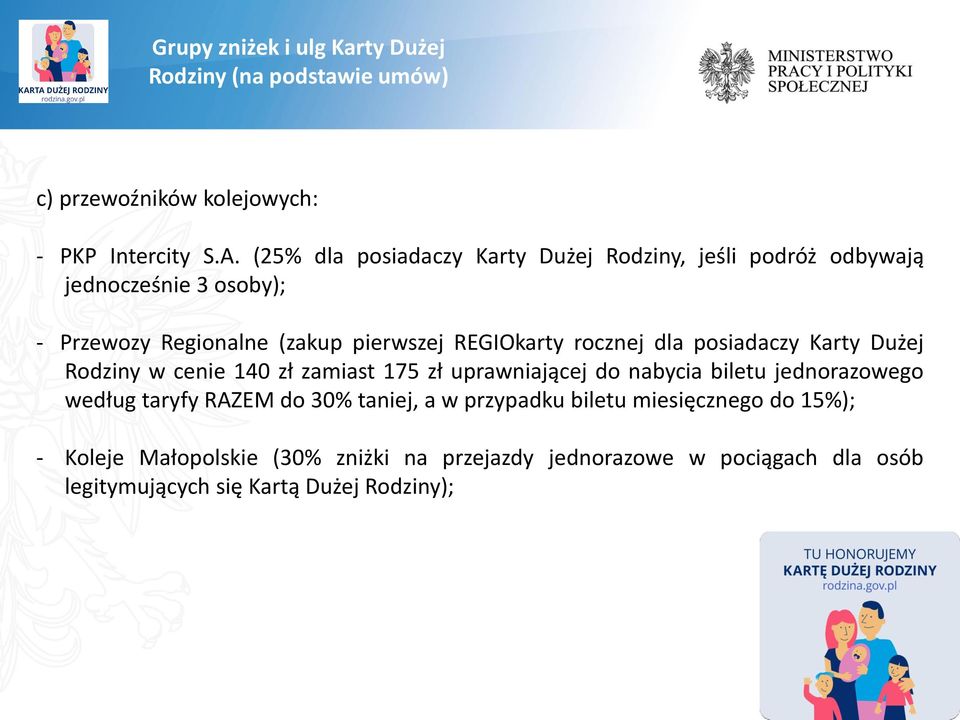 rocznej dla posiadaczy Karty Dużej Rodziny w cenie 140 zł zamiast 175 zł uprawniającej do nabycia biletu jednorazowego według taryfy RAZEM