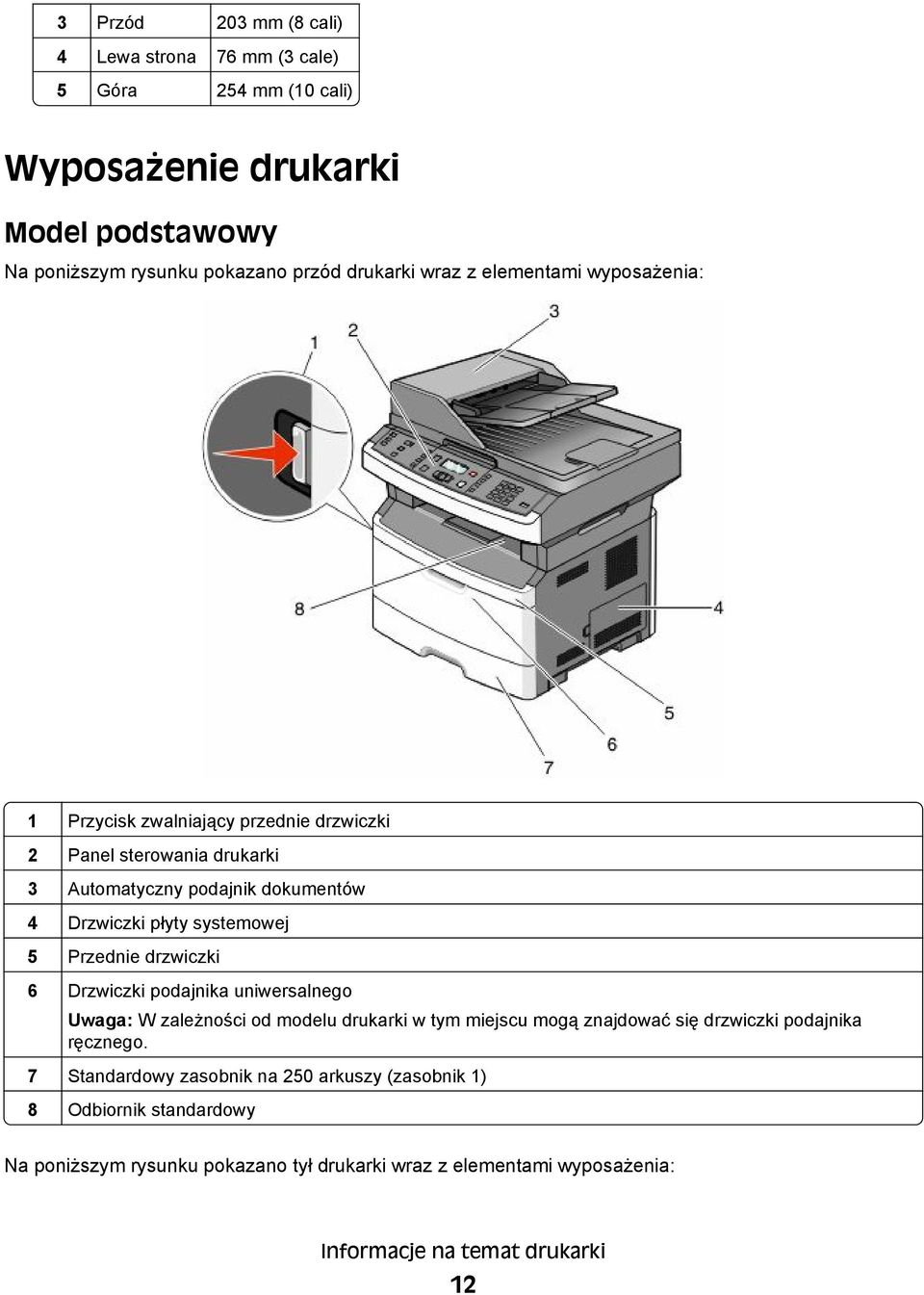Przednie drzwiczki 6 Drzwiczki podajnika uniwersalnego Uwaga: W zależności od modelu drukarki w tym miejscu mogą znajdować się drzwiczki podajnika ręcznego.