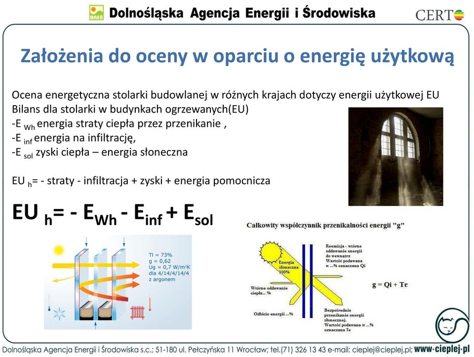 energia straty ciepła przez przenikanie, -E inf energia na infiltrację, -E sol zyski ciepła