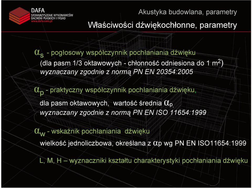 dźwięku, dla pasm oktawowych, wartość średnia αp, wyznaczany zgodnie z normą PN EN ISO 11654:1999 α w - wskaźnik pochłaniania