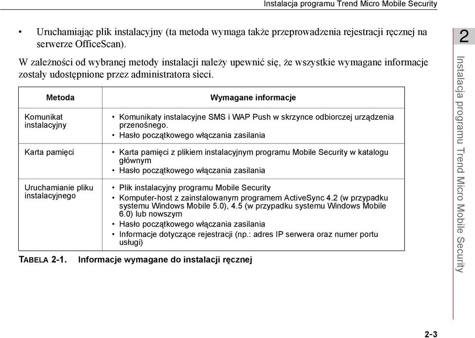 Metoda Komunikat instalacyjny Karta pamięci Uruchamianie pliku instalacyjnego Wymagane informacje Komunikaty instalacyjne SMS i WAP Push w skrzynce odbiorczej urządzenia przenośnego.