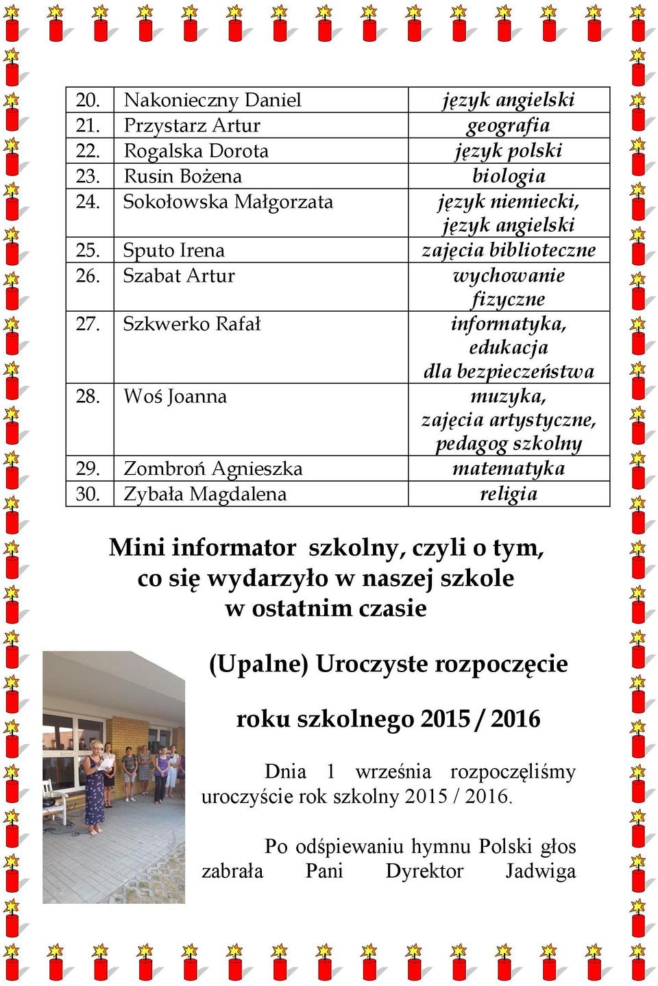 Szkwerko Rafał informatyka, edukacja dla bezpieczeństwa 28. Woś Joanna muzyka, zajęcia artystyczne, pedagog szkolny 29. Zombroń Agnieszka matematyka 30.