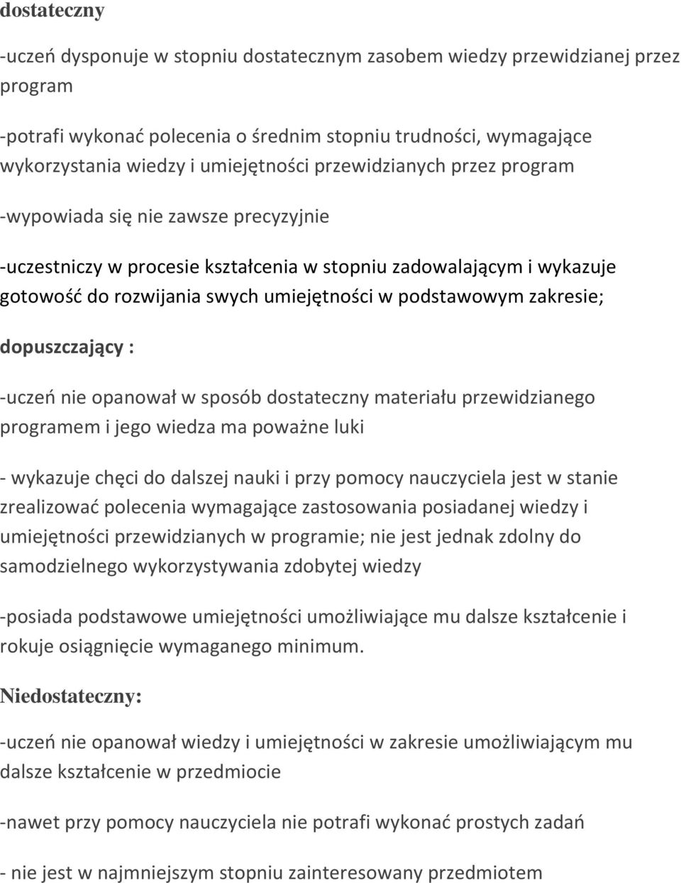 zakresie; dopuszczający : -uczeń nie opanował w sposób dostateczny materiału przewidzianego programem i jego wiedza ma poważne luki - wykazuje chęci do dalszej nauki i przy pomocy nauczyciela jest w