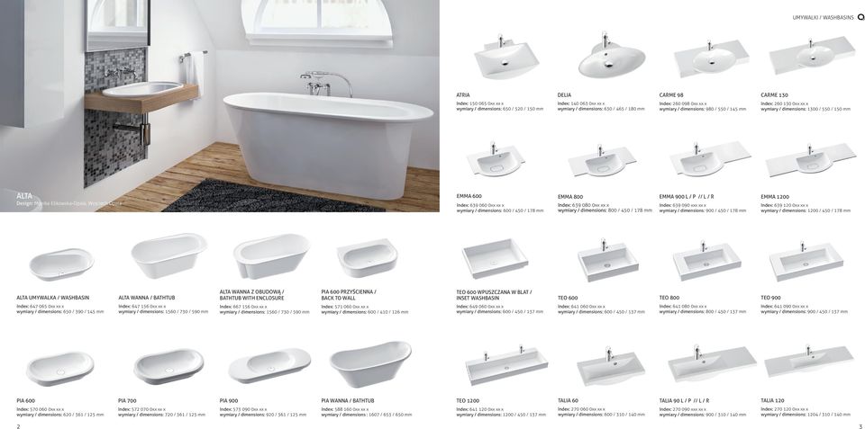 x wymiary / dimensions: 600 / 450 / 178 mm EMMA 800 Index: 639 080 0xx xx x wymiary / dimensions: 800 / 450 / 178 mm EMMA 900 L / P // L / R Index: 639 090 xxx xx x wymiary / dimensions: 900 / 450 /