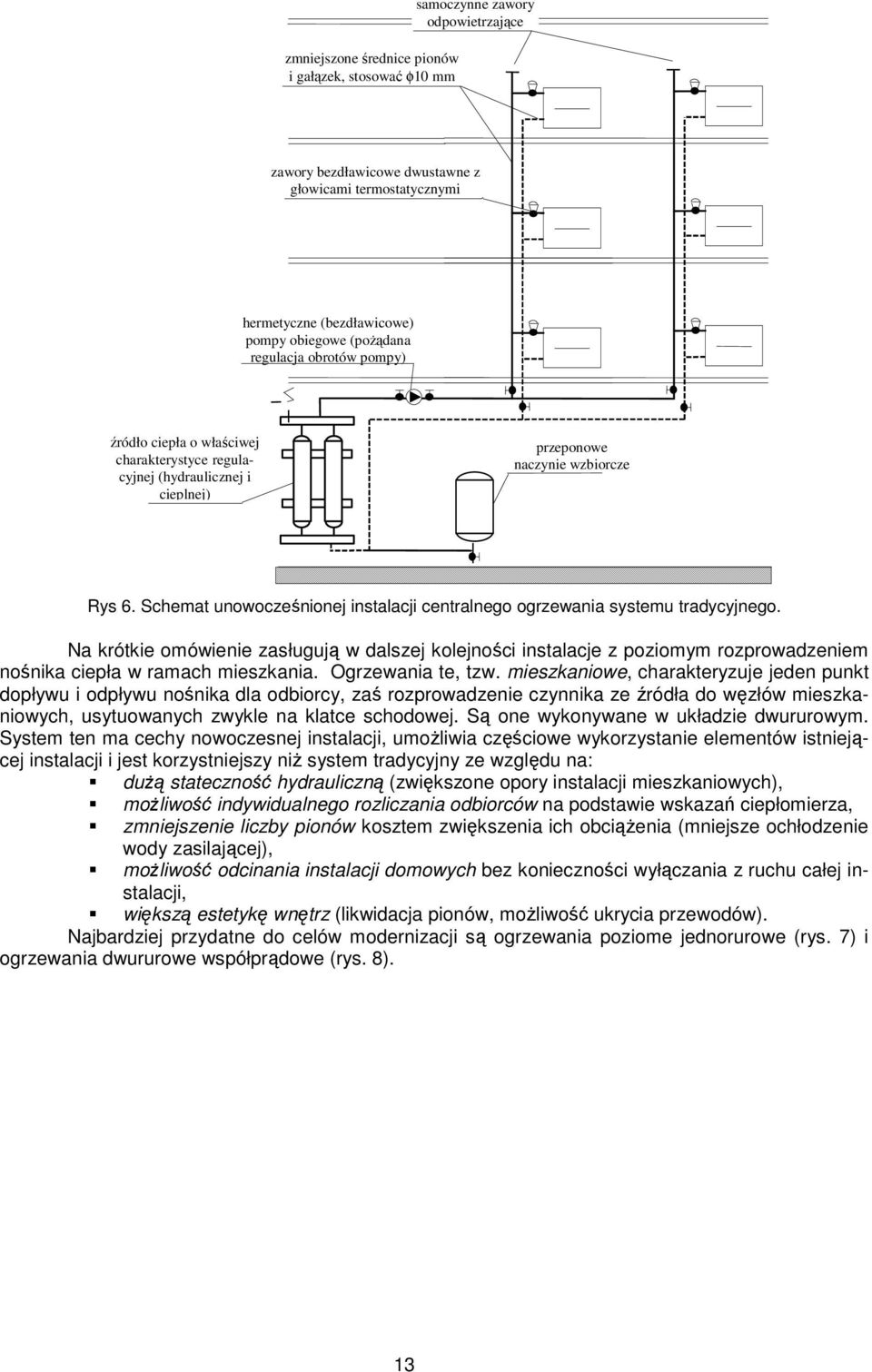 Schemat unowocześnionej instalacji centralnego ogrzewania systemu tradycyjnego.