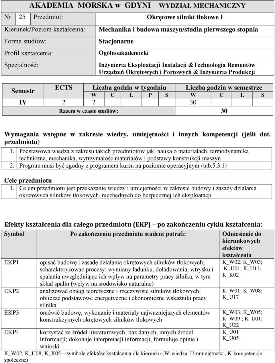 Liczba godzin w semestrze W C L P S W C L S IV 2 2 30 Razem w czasie studiów: 30 Wymagania wstępne w zakresie wiedzy, umiejętności i innych kompetencji (jeśli dot. przedmiotu) 1.