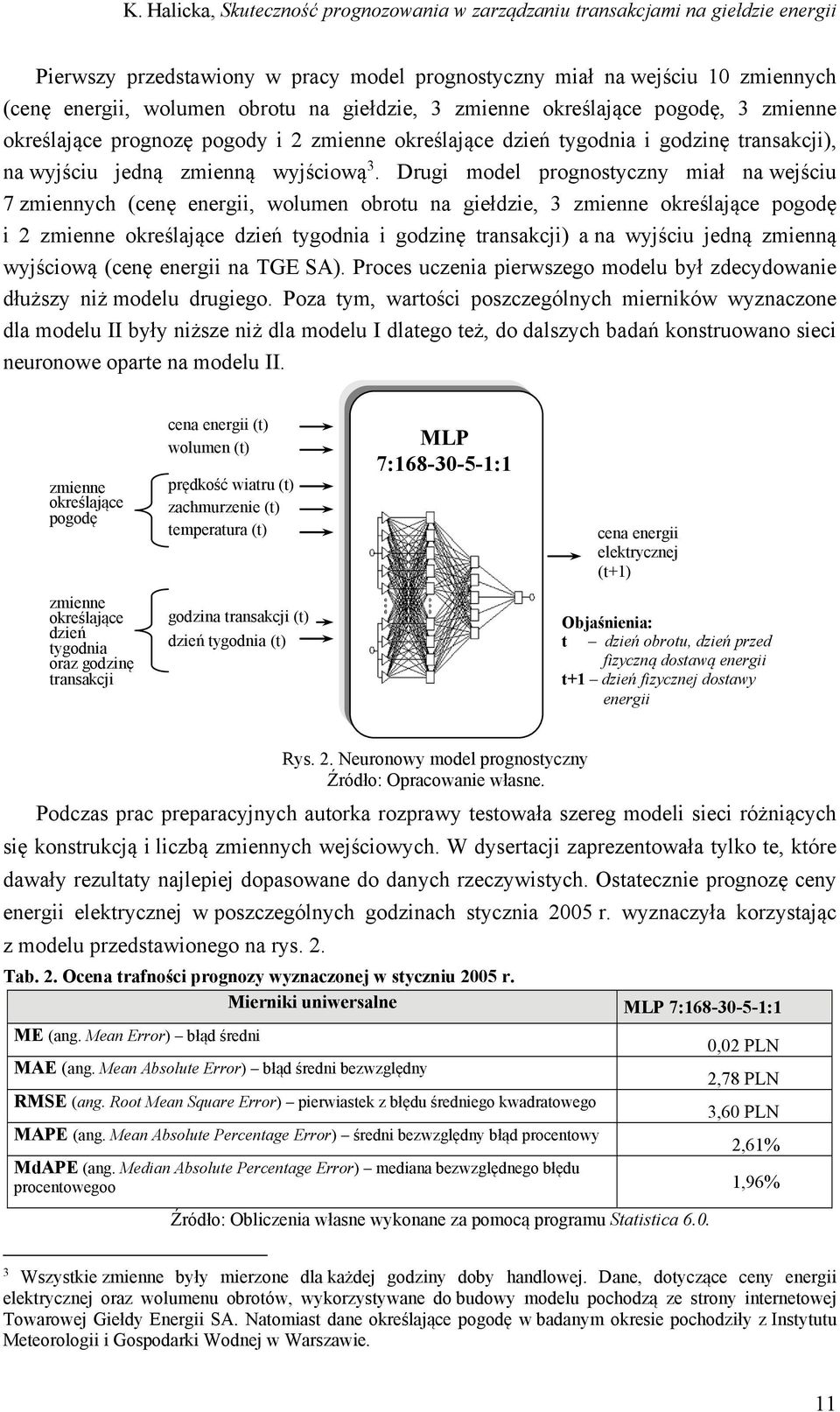 Drugi model prognostyczny miał na wejściu 7 zmiennych (cenę energii, wolumen obrotu na giełdzie, 3 zmienne określające pogodę i 2 zmienne określające dzień tygodnia i godzinę transakcji) a na wyjściu