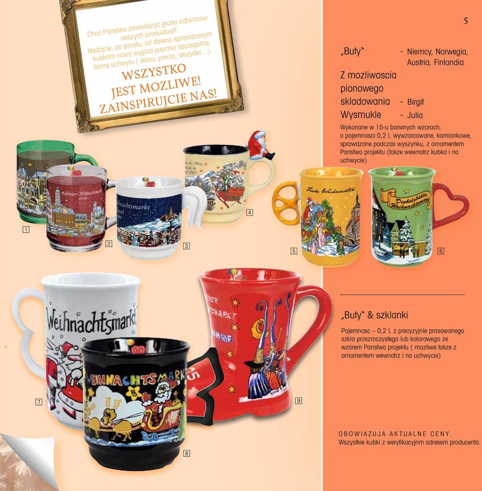 Buty Z mozliwoscia pionowego skladowania Wysmukle - Niemcy, Norwegia, Austria, Finlandia - Birgit - Julia Wykonane w 15-u barwnych wzorach, o pojemnosci 0,2 l, wywzorcowane, kamionkowe,
